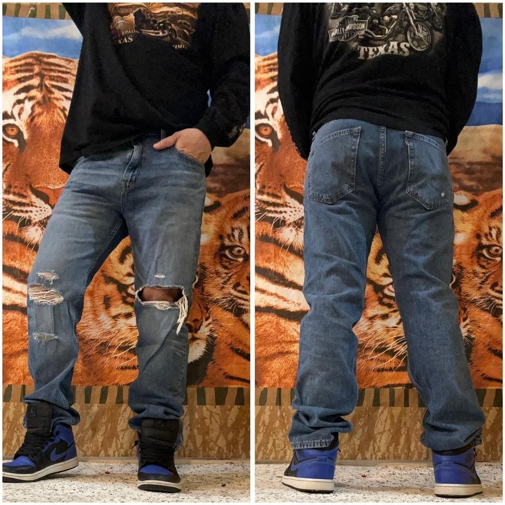 Levi's 502 Regular Taper Jeans Men's 33x34 Blue Distressed Ripped Denim